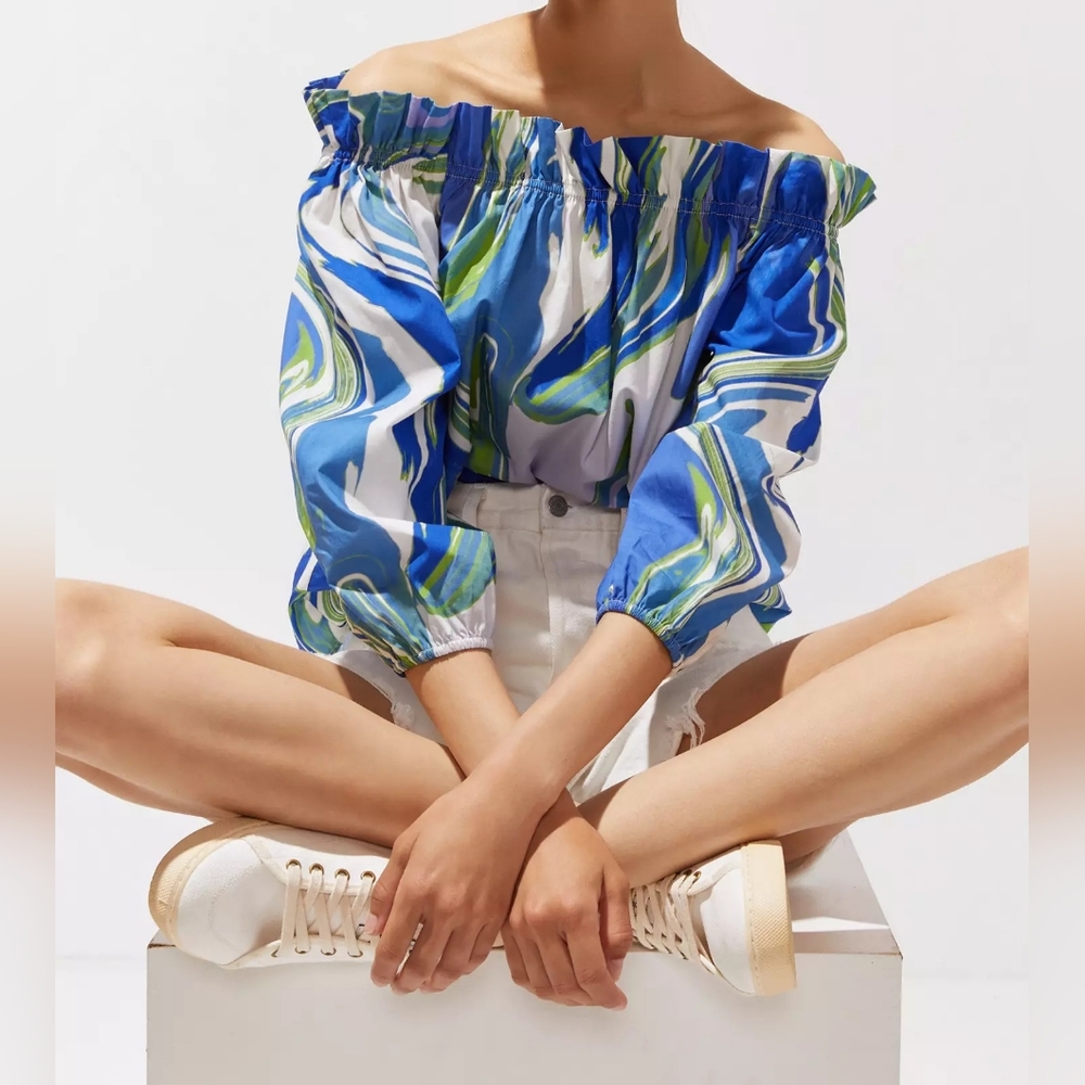 Anthro|Peter Som Blouse Blue Marbled Off Shoulder 3/4 Balloon Sleeve Top Size S